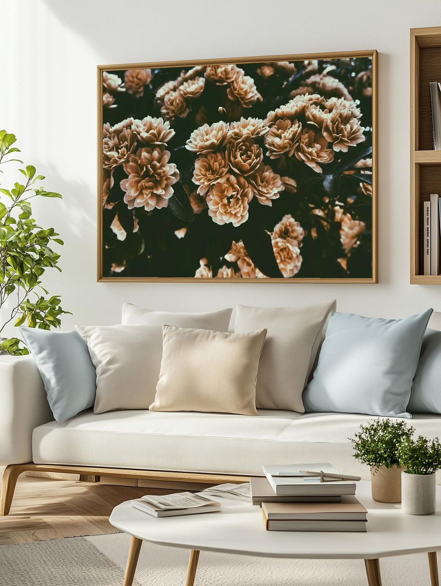 desaturated shot large rose-like flowers. — room view 2