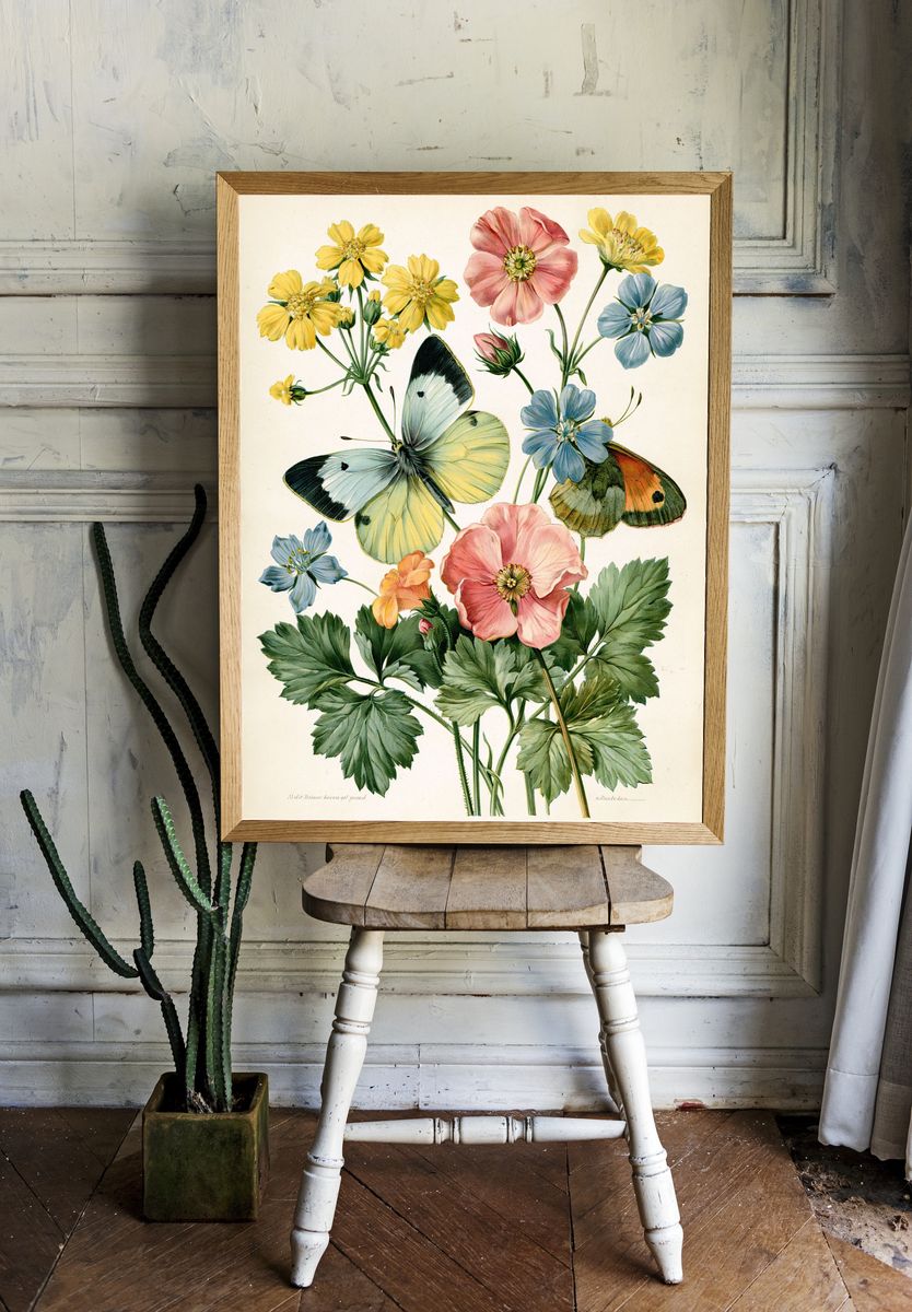 Butterflies and Wildflowers Botanical Print. room preview