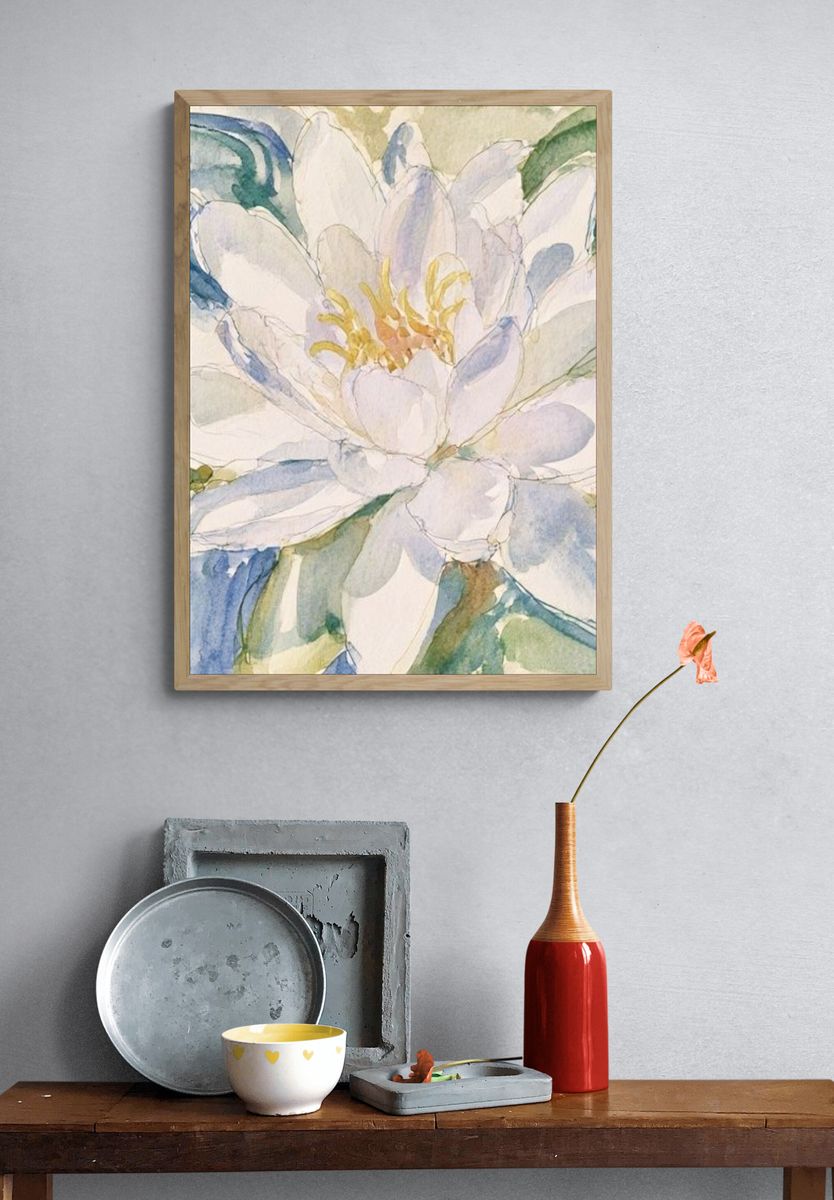 White Watercolor Flower Print. — room view 3