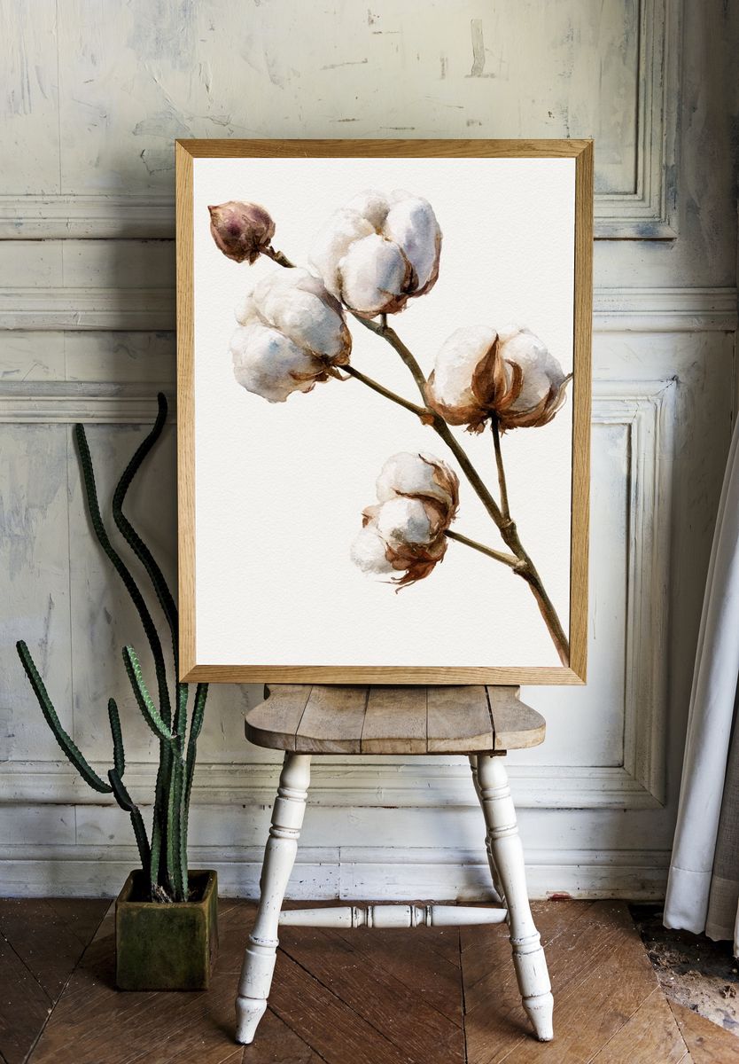 Cotton Branch Watercolor Poster. room preview