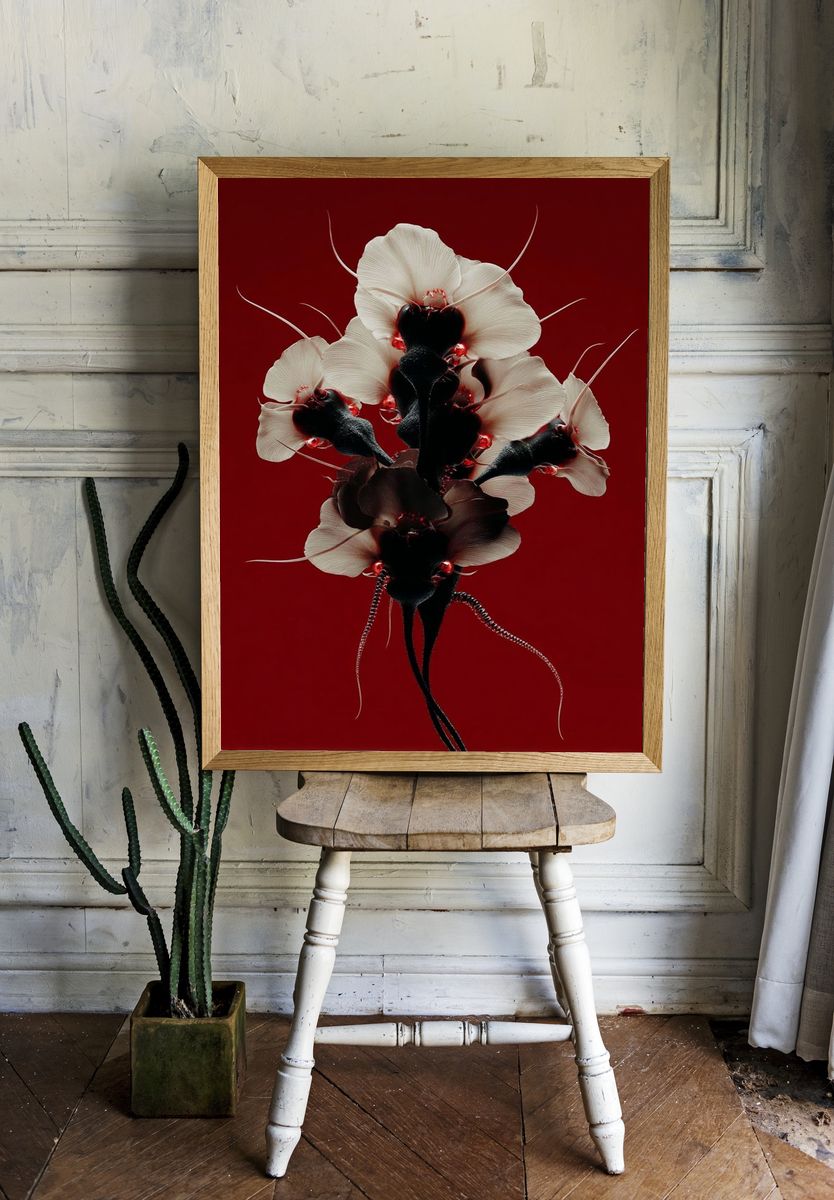 Surreal Orchid Bloom Print. room preview