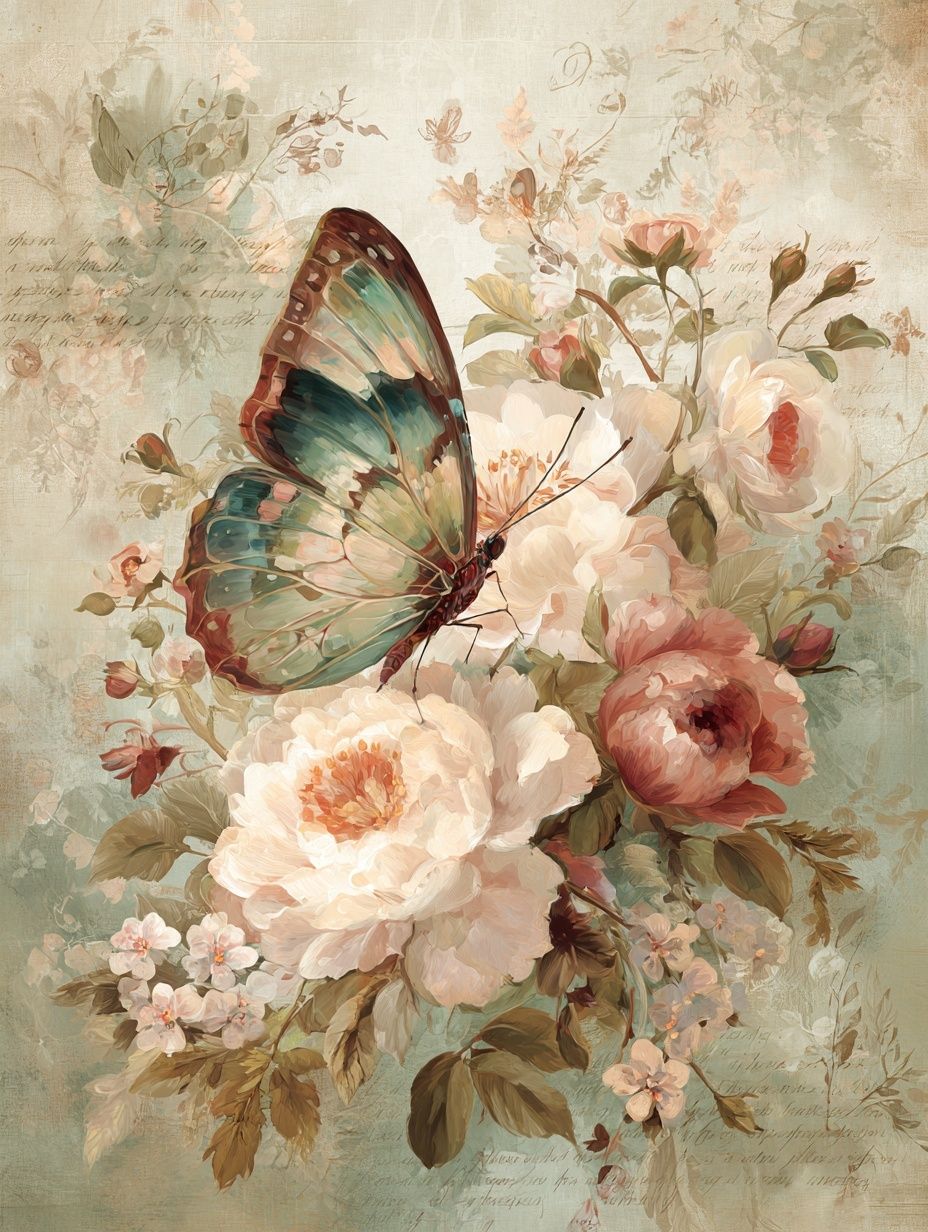 Butterfly and Peonies Vintage Print. poster — botanical art