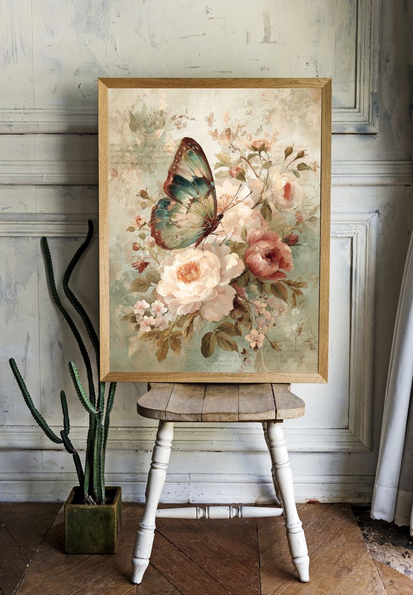 Butterfly and Peonies Vintage Print. room preview