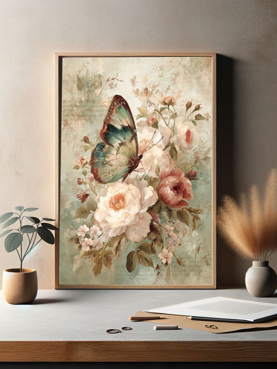 Butterfly and Peonies Vintage Print. — room view 2