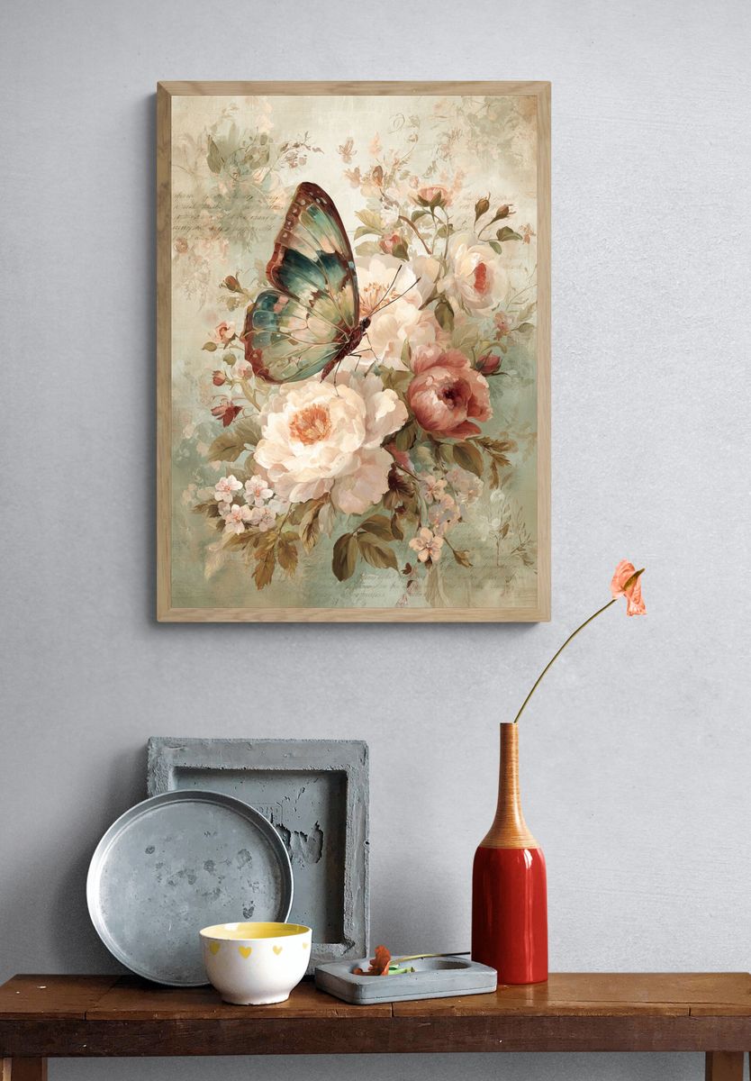 Butterfly and Peonies Vintage Print. — room view 3
