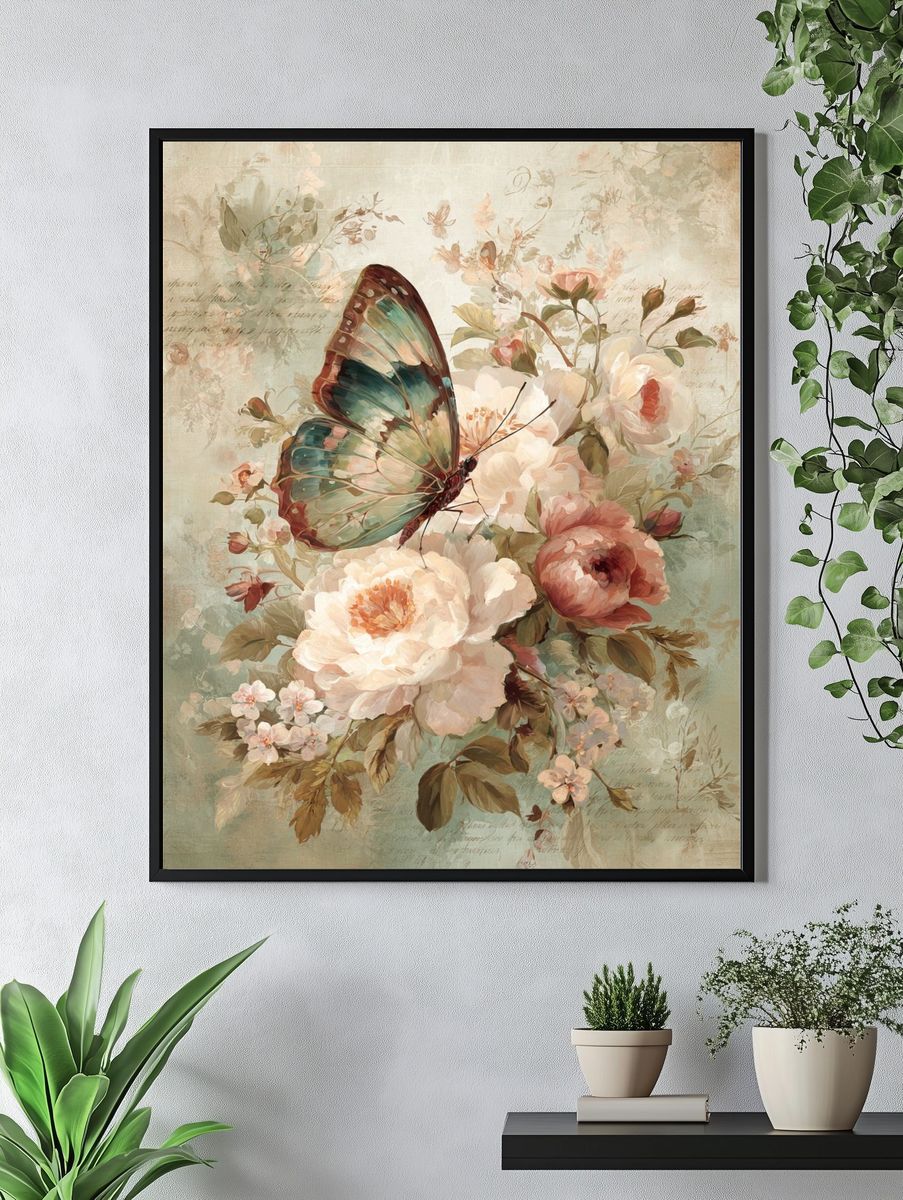 Butterfly and Peonies Vintage Print. — room view 4