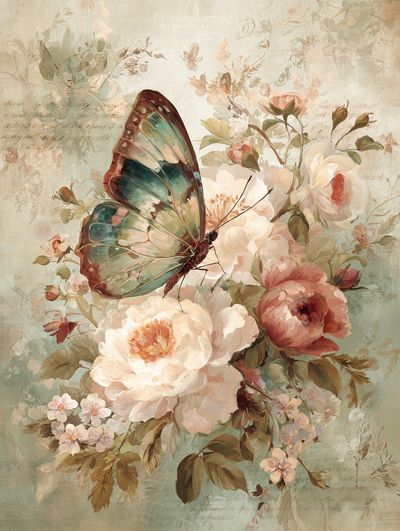Butterfly and Peonies Vintage Print.