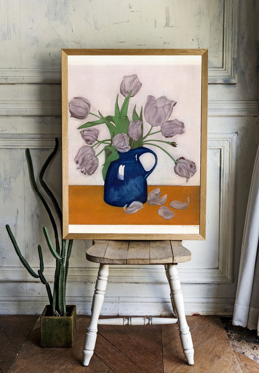 Everbag tulips, vintage Japanese etching. room preview