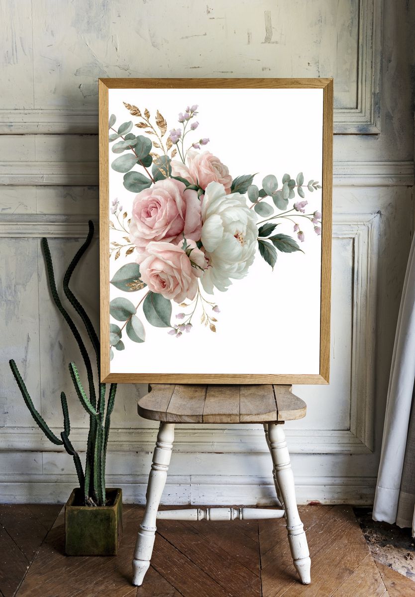 Blush Peony Bouquet Botanical Print. room preview