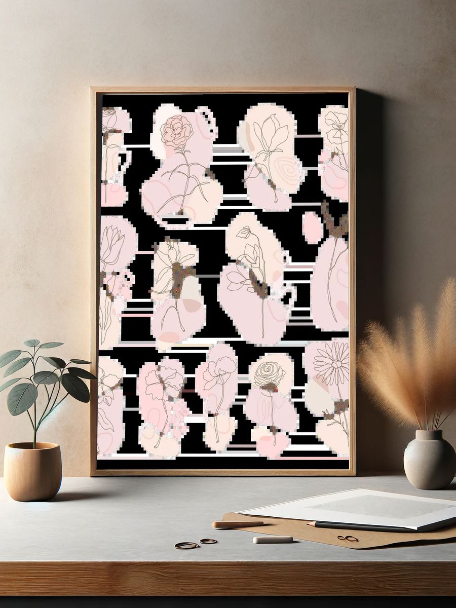 Pink flowers, Weigela lithograph. Digitally. — room view 2
