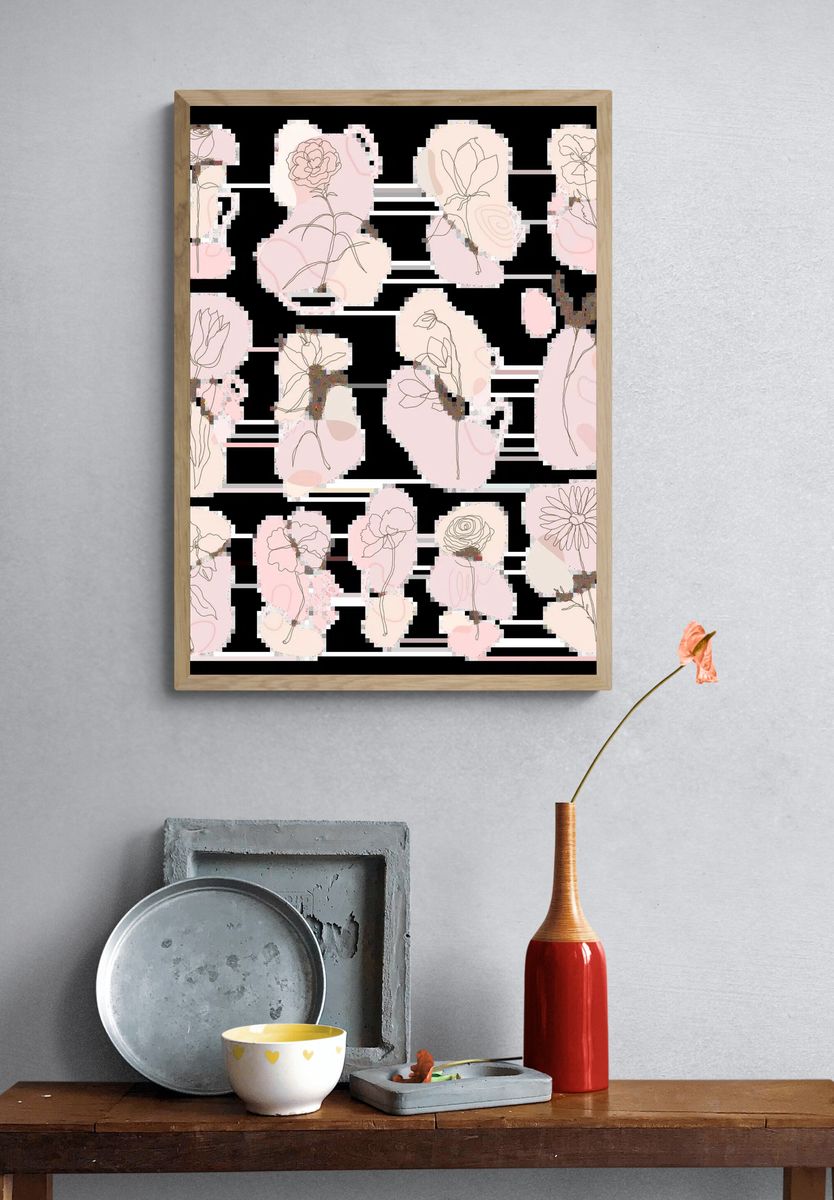 Pink flowers, Weigela lithograph. Digitally. — room view 3