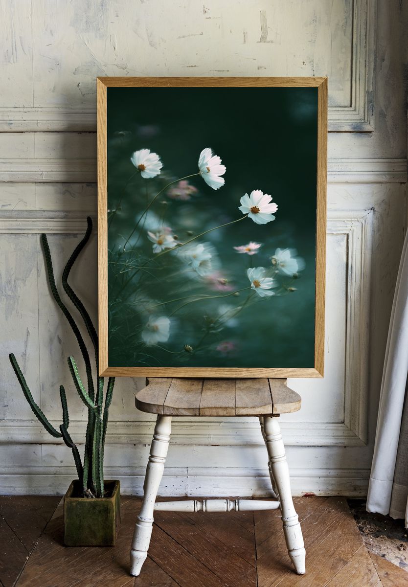 Cosmos Flowers in Misty Green Poster. — room view 1