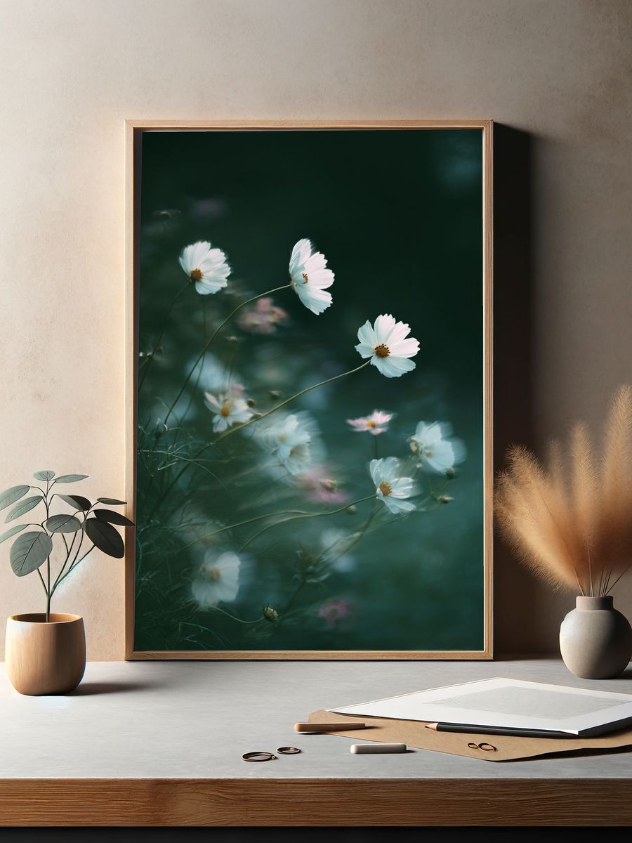 Cosmos Flowers in Misty Green Poster. — room view 2