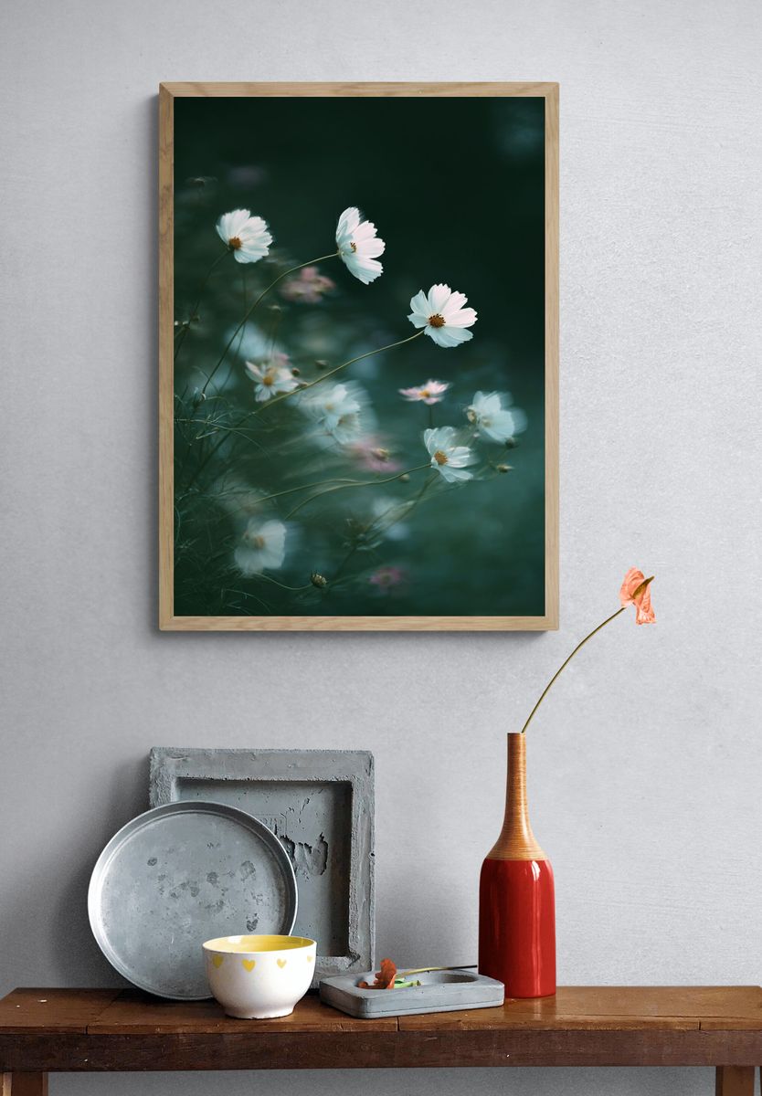 Cosmos Flowers in Misty Green Poster. — room view 3