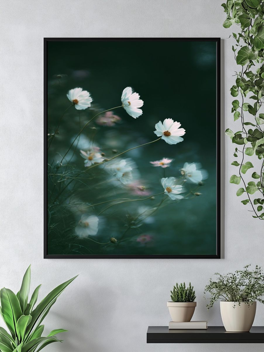 Cosmos Flowers in Misty Green Poster. — room view 4