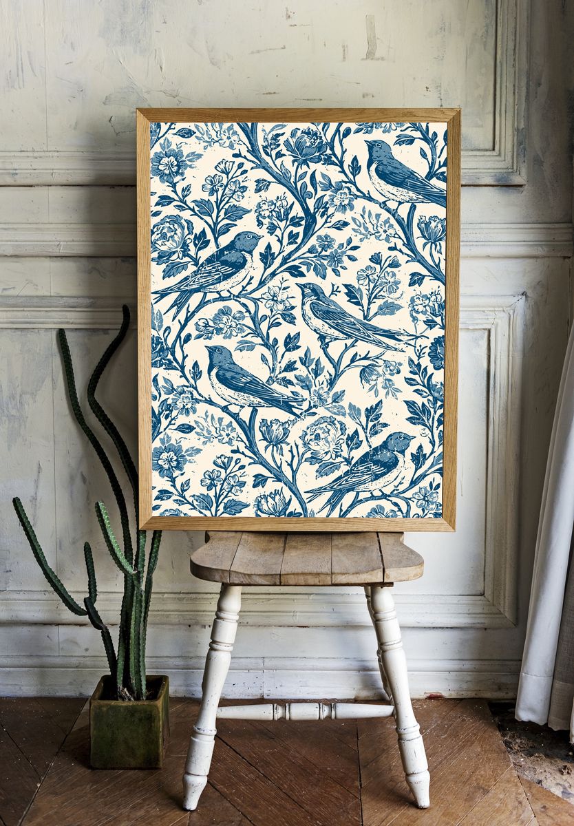 Bluebird Floral Pattern Poster. — room view 1