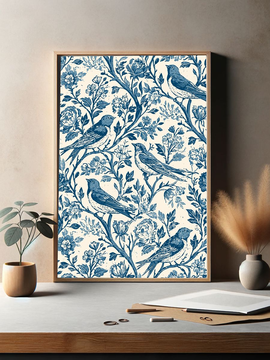 Bluebird Floral Pattern Poster. — room view 2