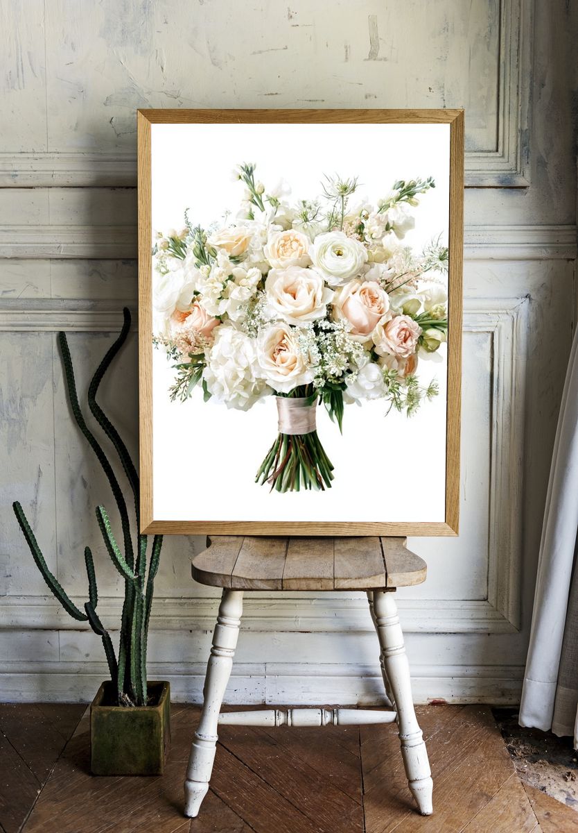 Blush White Floral Bouquet Print. room preview