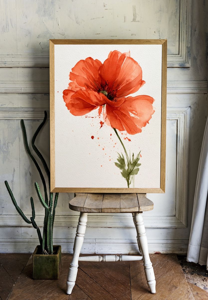 Red Poppy Watercolor Print. — room view 1