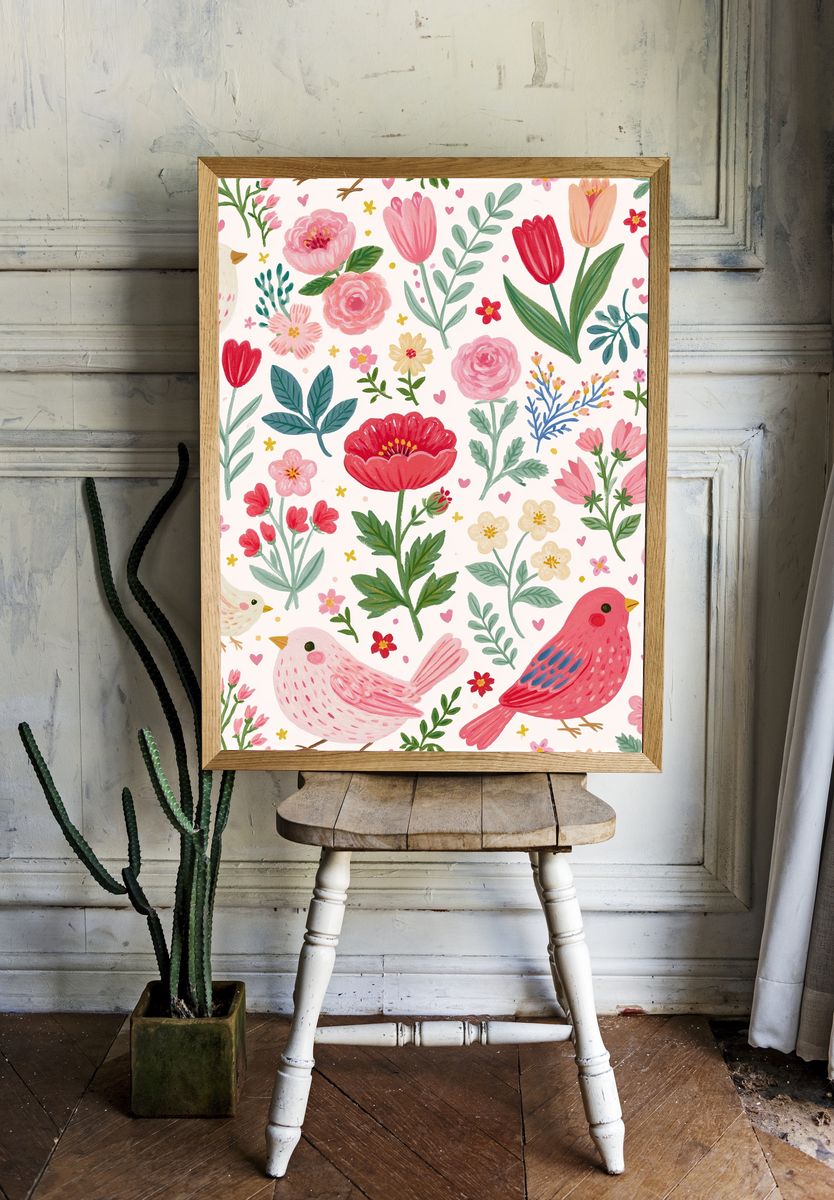 Whimsical Birds and Flowers Print. — room view 1