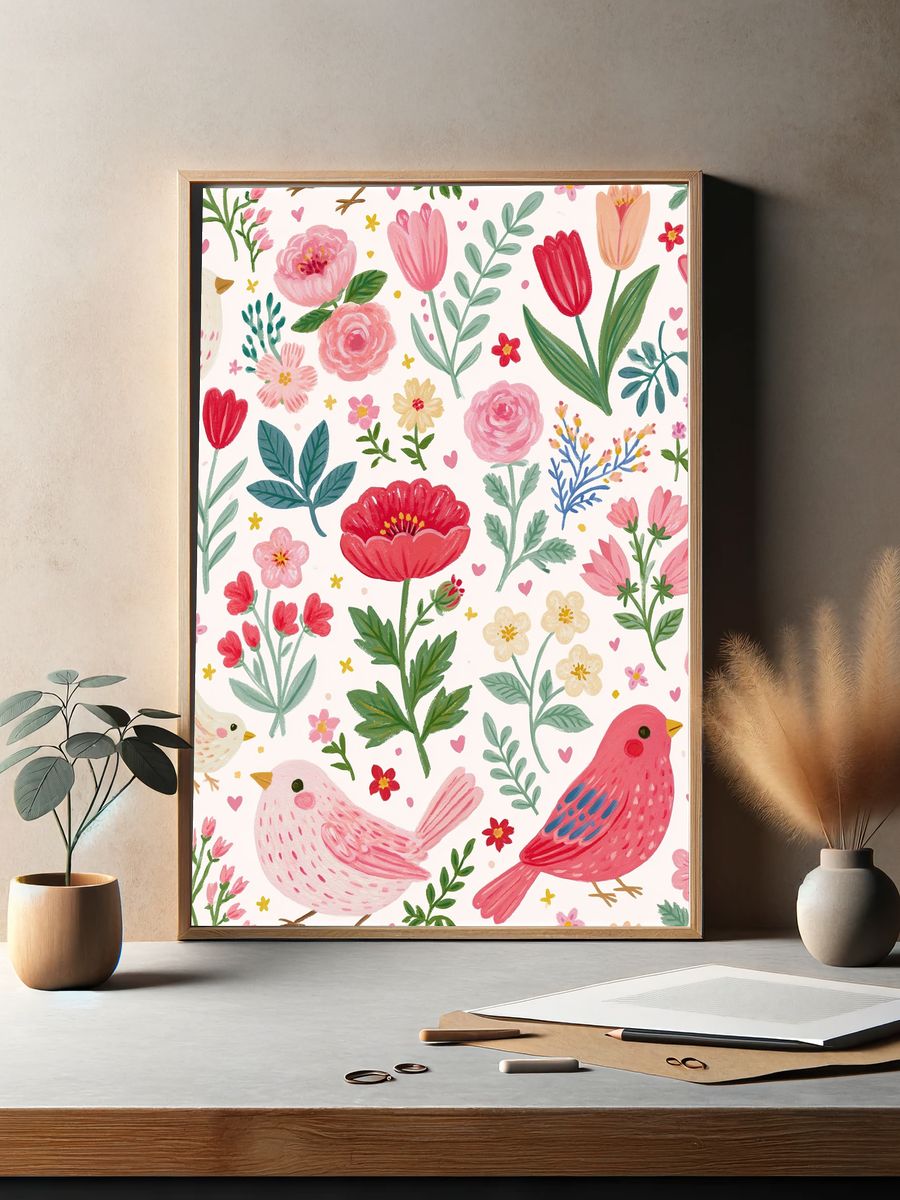 Whimsical Birds and Flowers Print. — room view 2