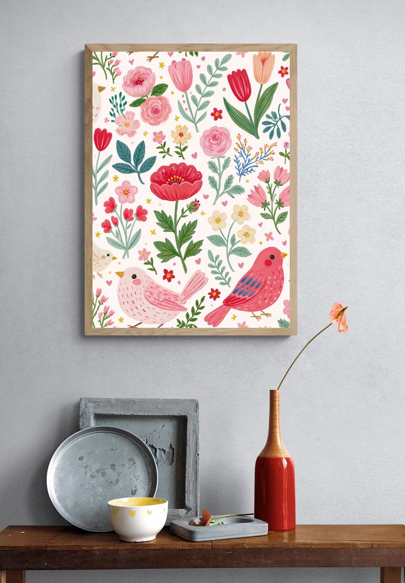 Whimsical Birds and Flowers Print. — room view 3