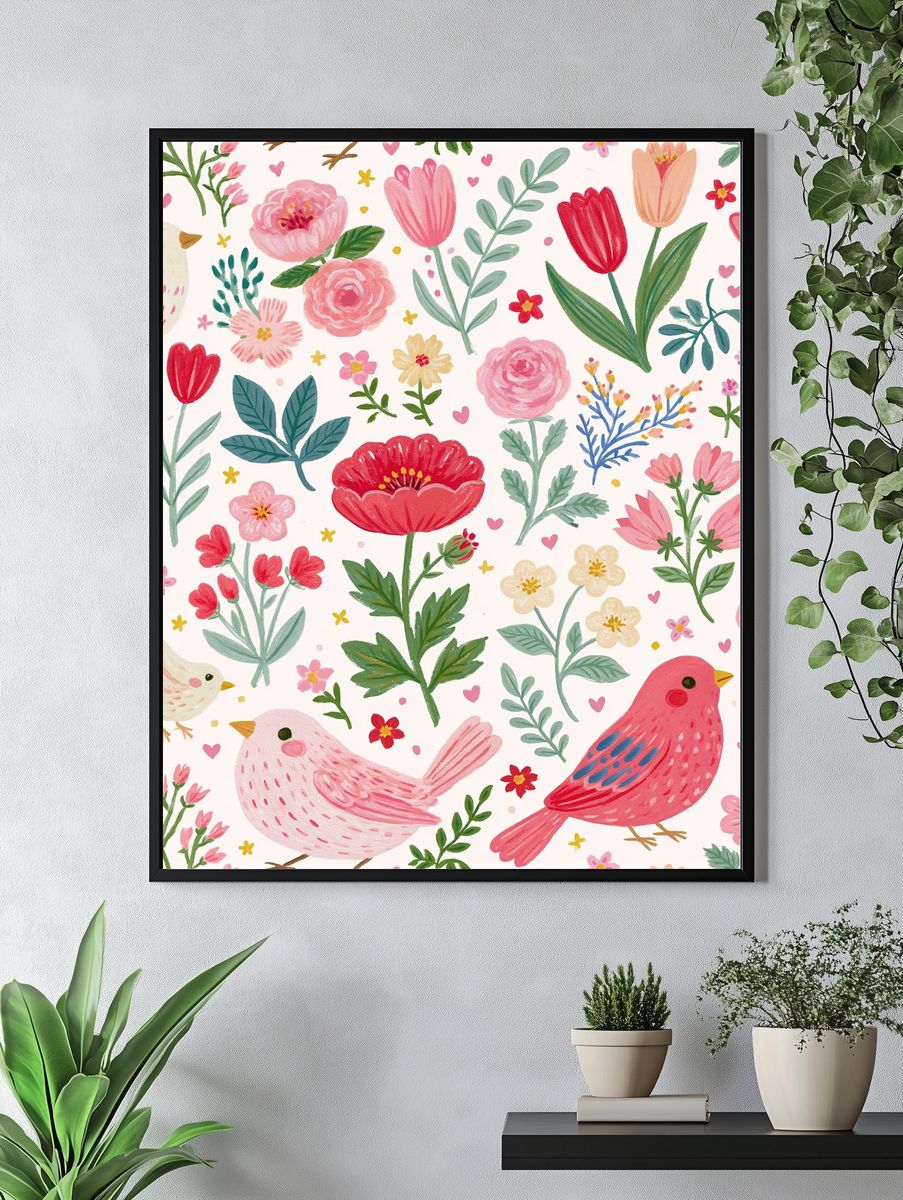 Whimsical Birds and Flowers Print. — room view 4