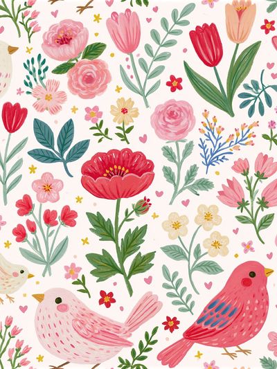 Whimsical Birds and Flowers Print. poster