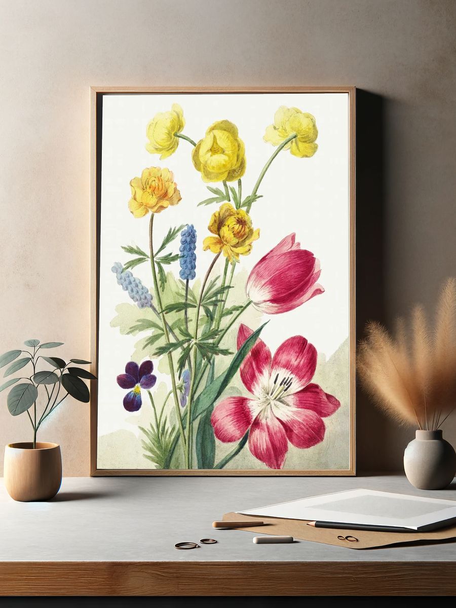Boeket van tulpen, viooltjes, blauwe. — room view 2