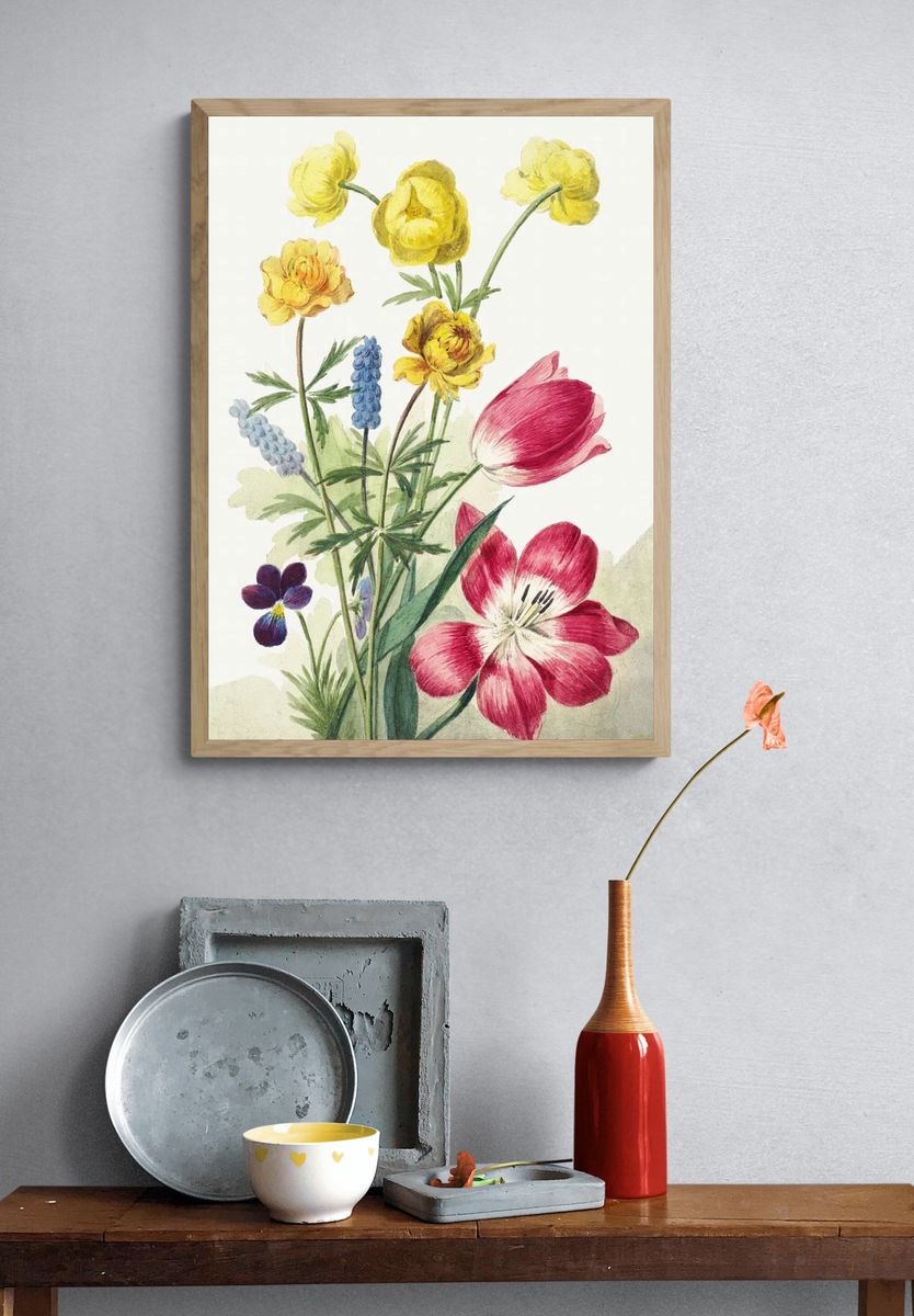 Boeket van tulpen, viooltjes, blauwe. — room view 3