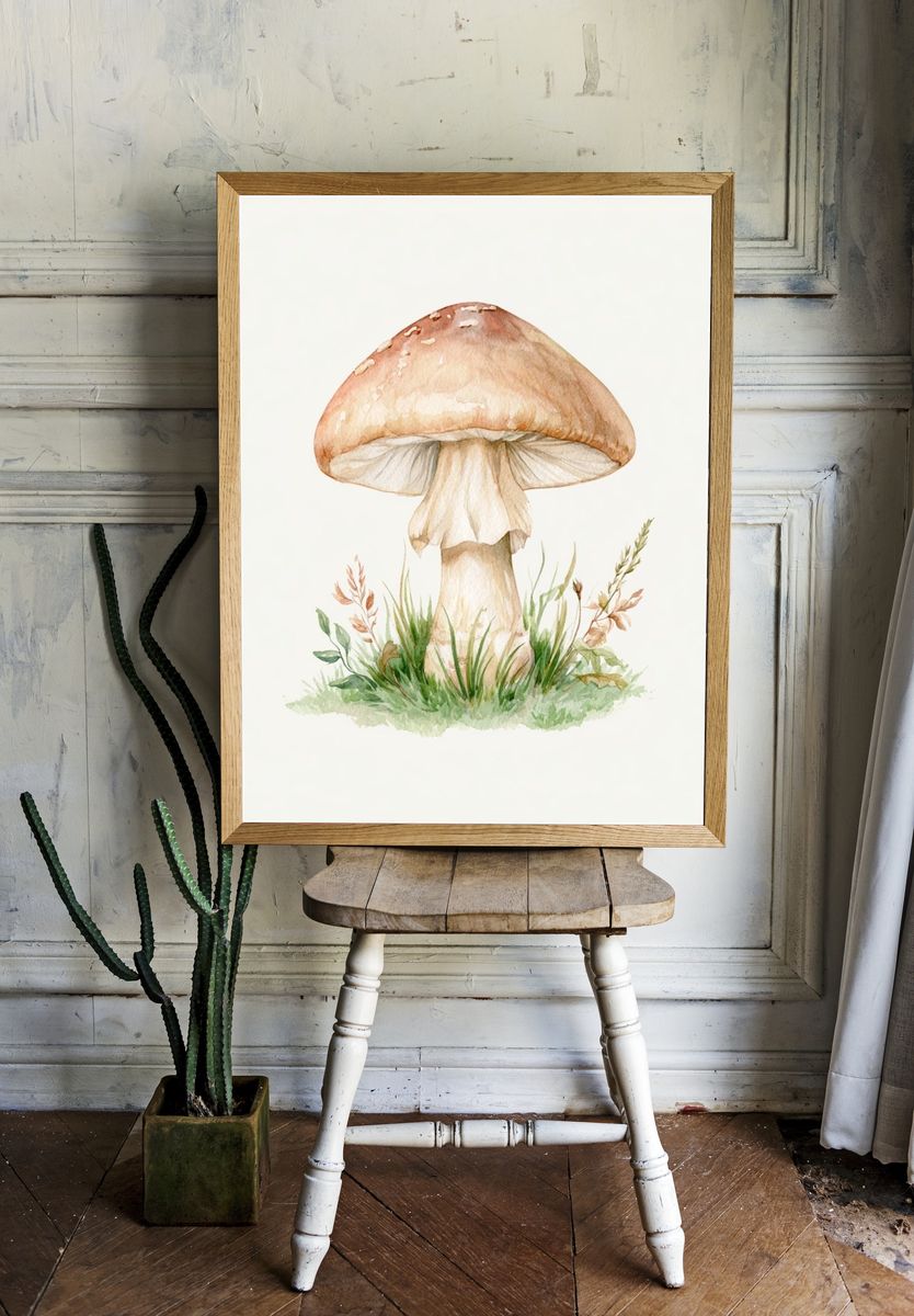 Watercolor Mushroom Botanical Print. room preview