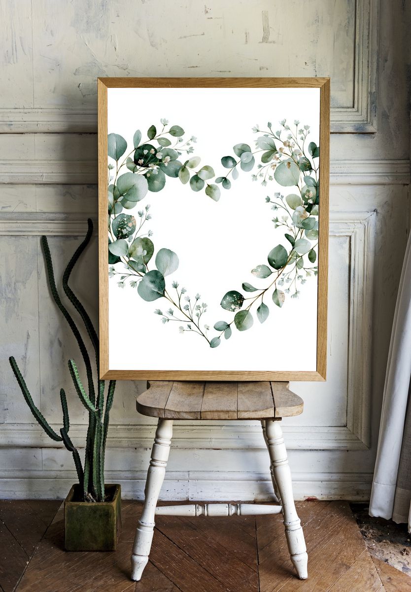 Eucalyptus Heart Botanical Print. room preview
