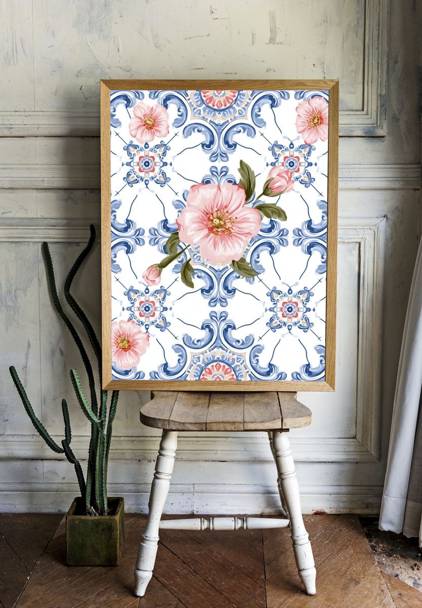 Blue Tile Floral Pattern Print. room preview