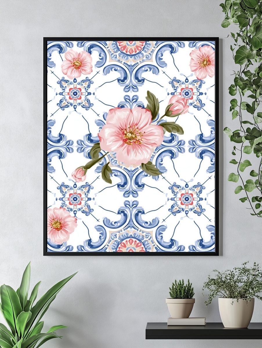 Blue Tile Floral Pattern Print. — room view 4