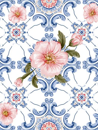 Blue Tile Floral Pattern Print.