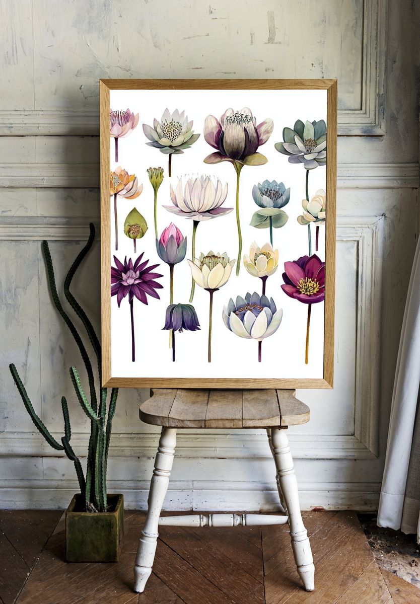 Lotus Blooms Watercolor Print. — room view 1