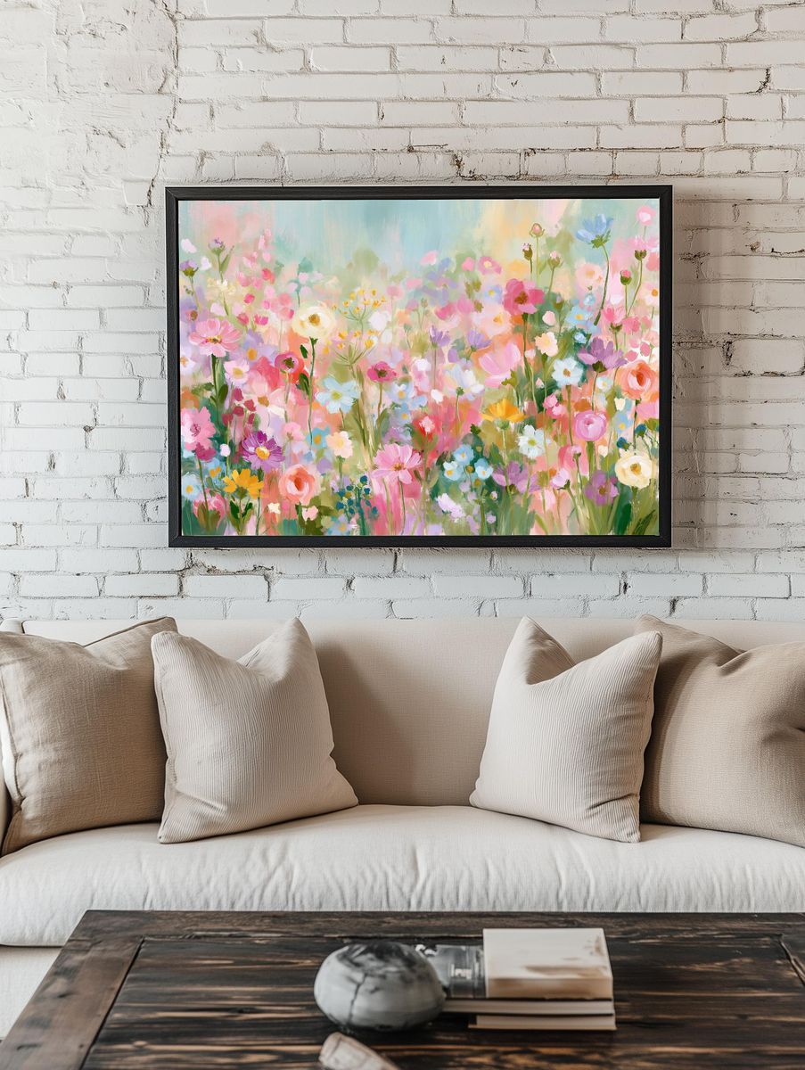 Pastel Wildflower Meadow Print. room preview