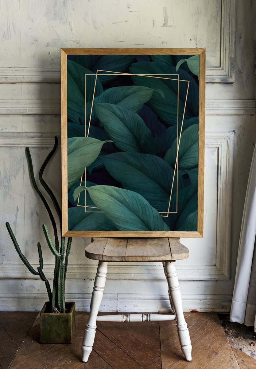Green tropical leaves patterned poster. — room view 1