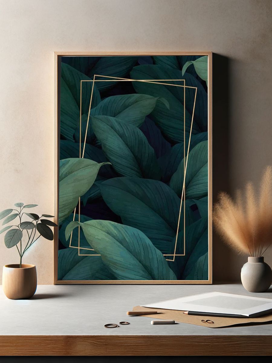 Green tropical leaves patterned poster. — room view 2