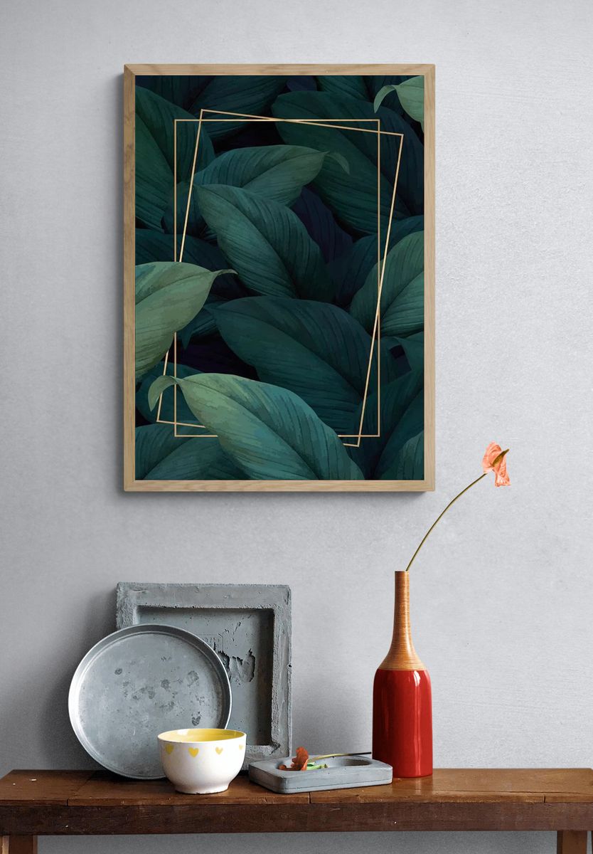 Green tropical leaves patterned poster. — room view 3