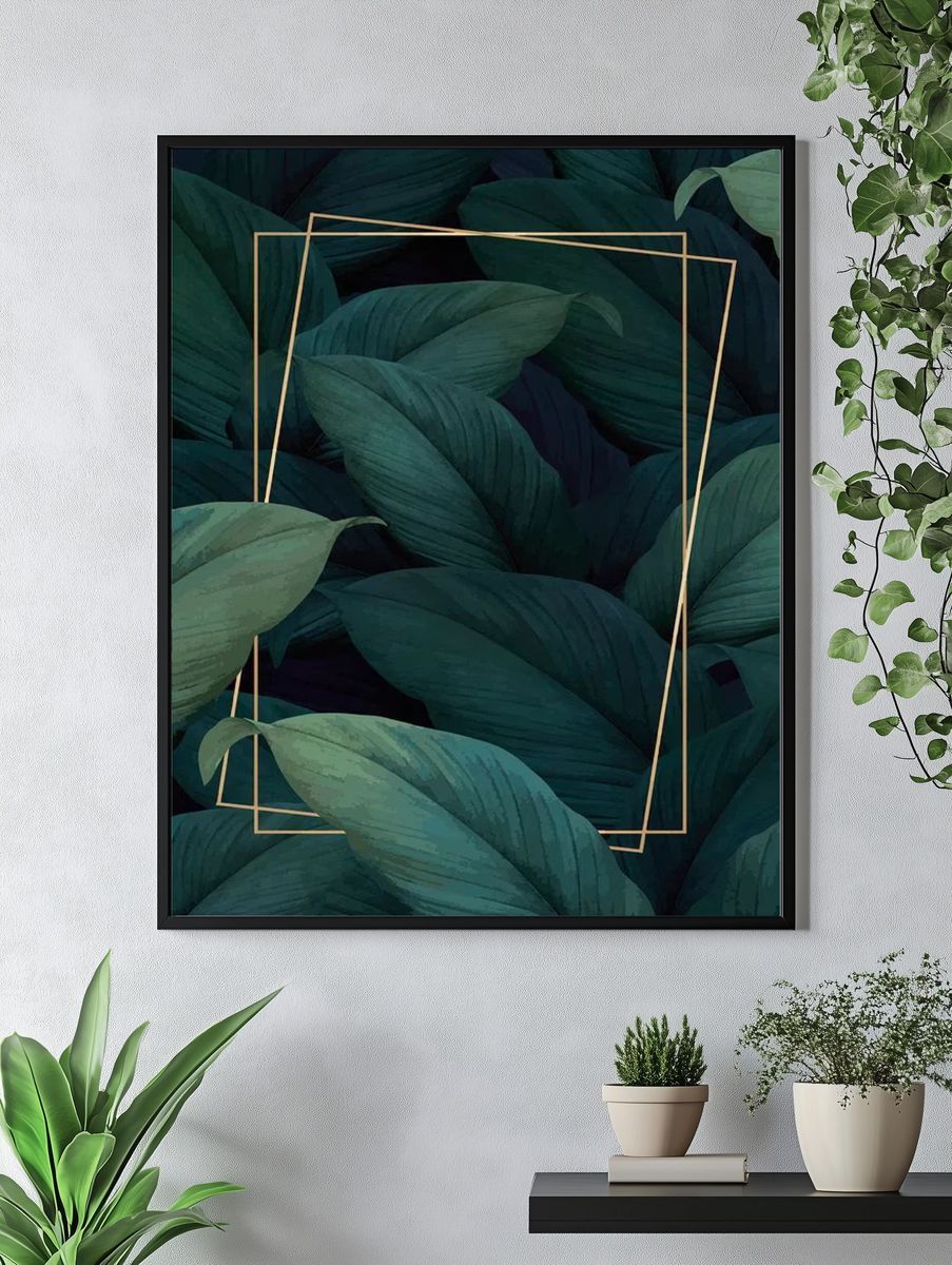 Green tropical leaves patterned poster. — room view 4