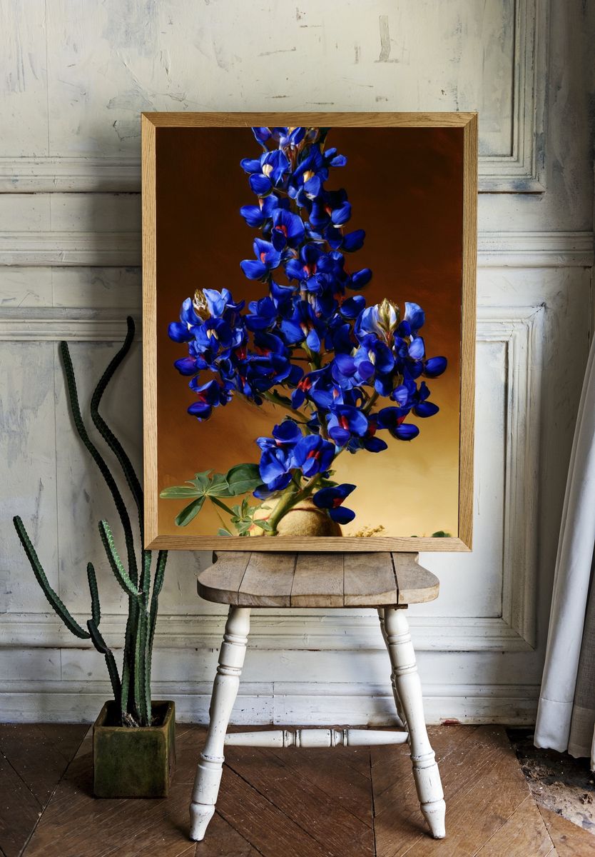 Blue Lupine Botanical Print. room preview