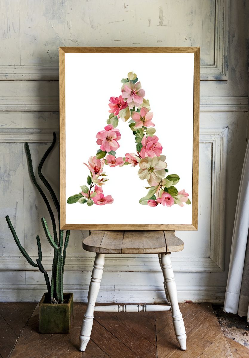 Floral Letter A Botanical Print. room preview