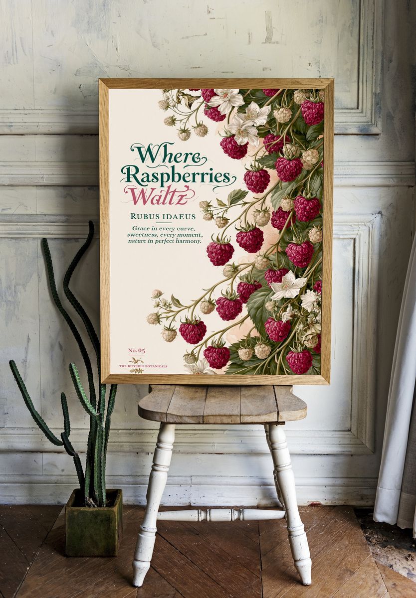 Where Raspberries Waltz Botanical Print. room preview