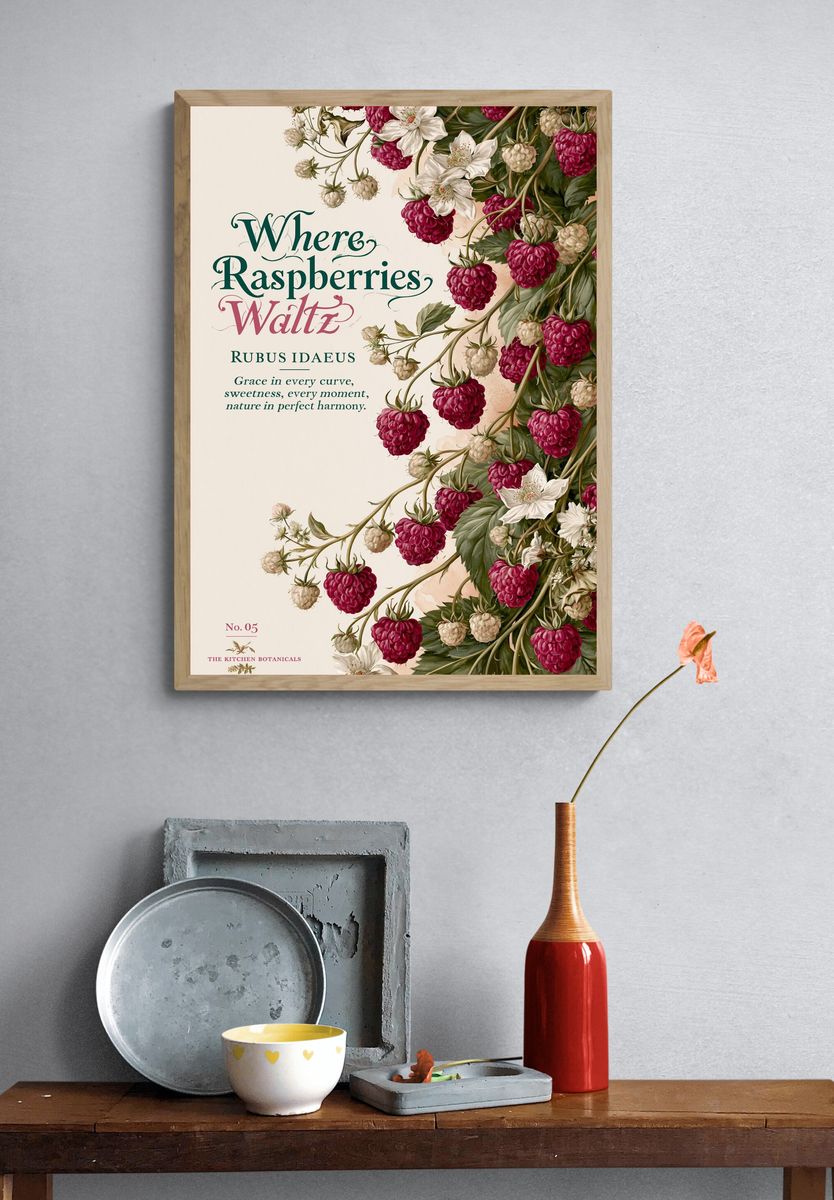 Where Raspberries Waltz Botanical Print. — room view 3