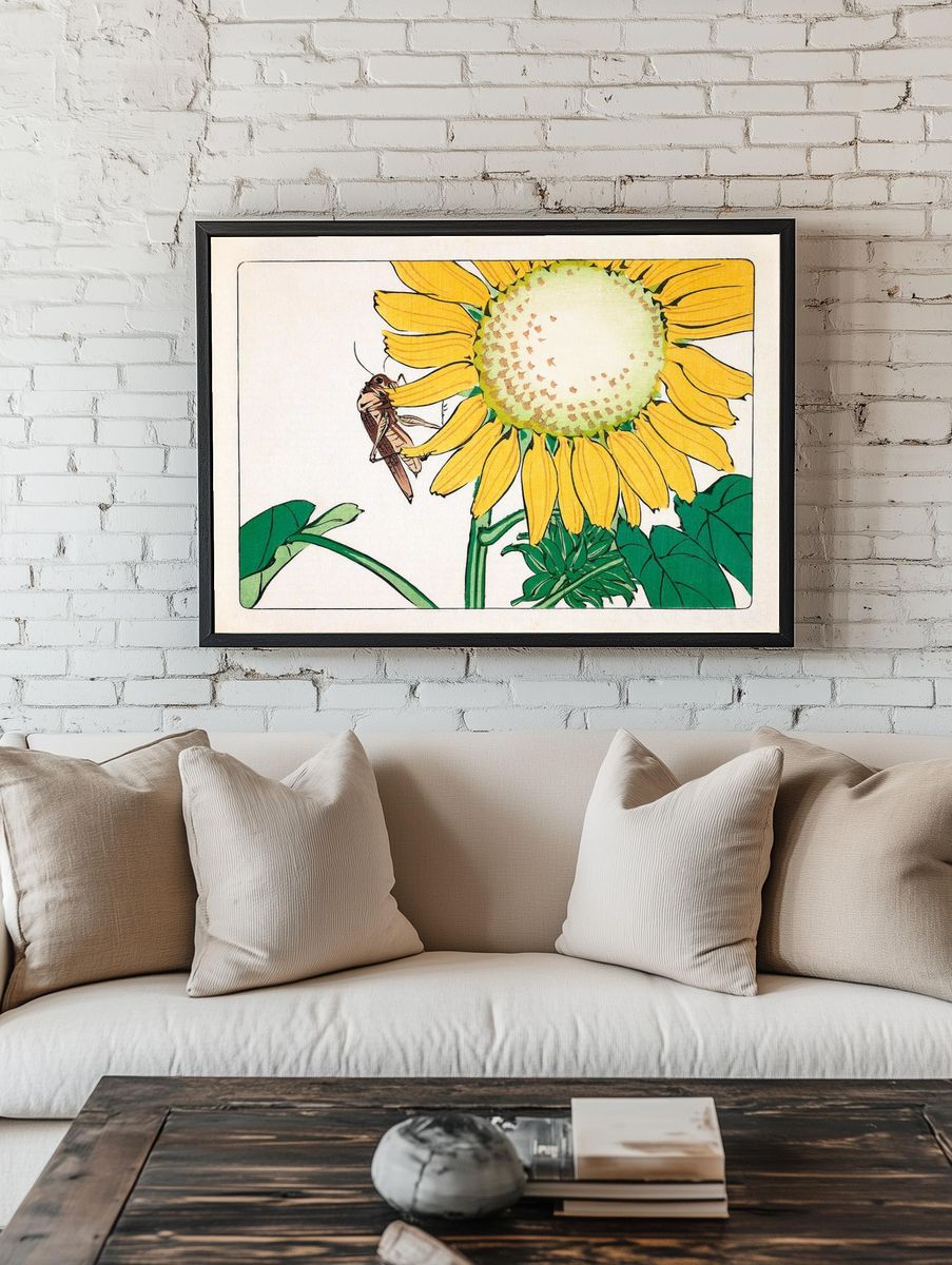 Sunflower and Grasshopper Illustration Poster. — room view 1