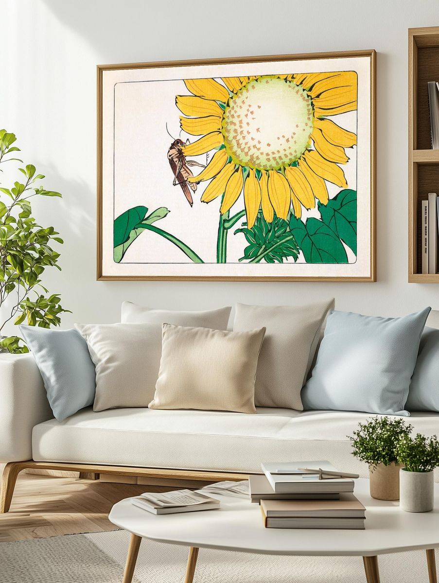 Sunflower and Grasshopper Illustration Poster. — room view 2
