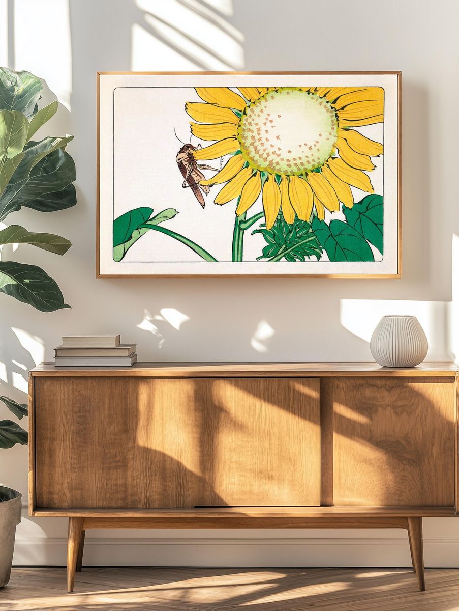 Sunflower and Grasshopper Illustration Poster. — room view 3
