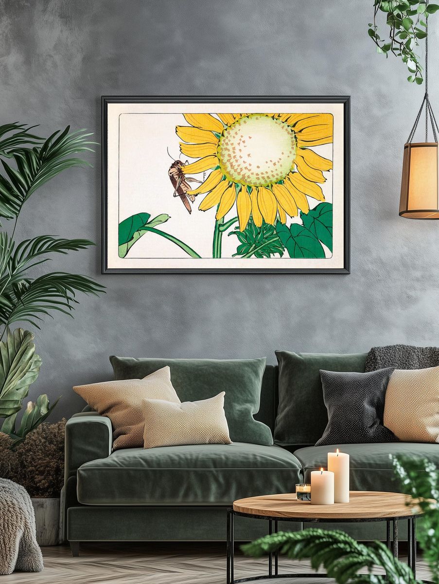 Sunflower and Grasshopper Illustration Poster. — room view 4