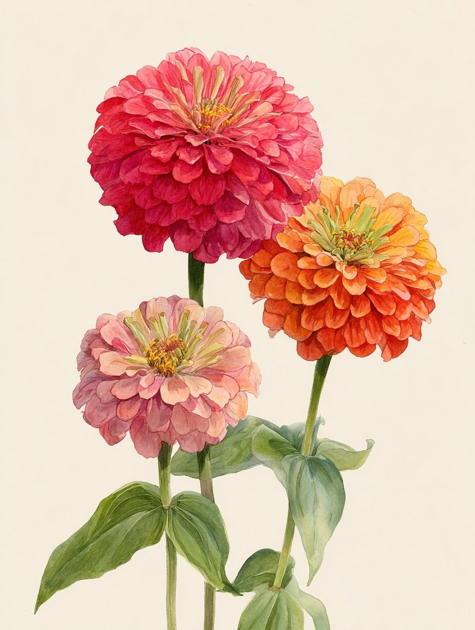 Zinnia Blooms Watercolor Print. poster — botanical art